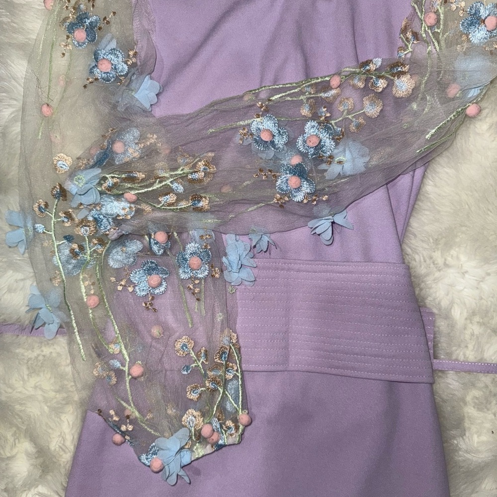 Lavender Dress with Floral Embroidered Scarf